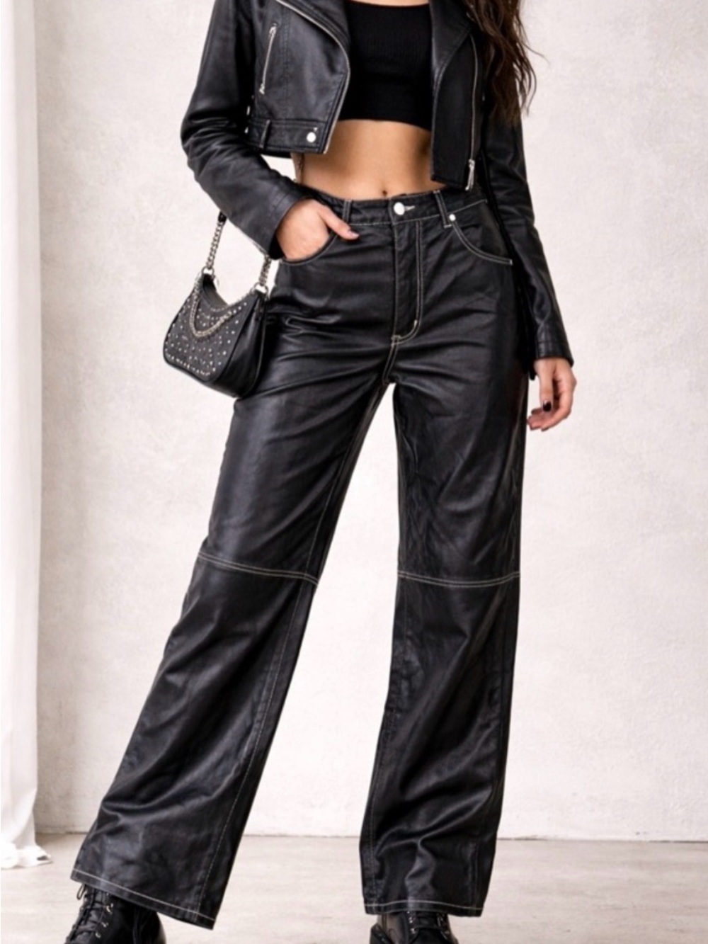 Free People It Factor Vegan Leather Pant Mystic Black Contrast Stitch Size 4
